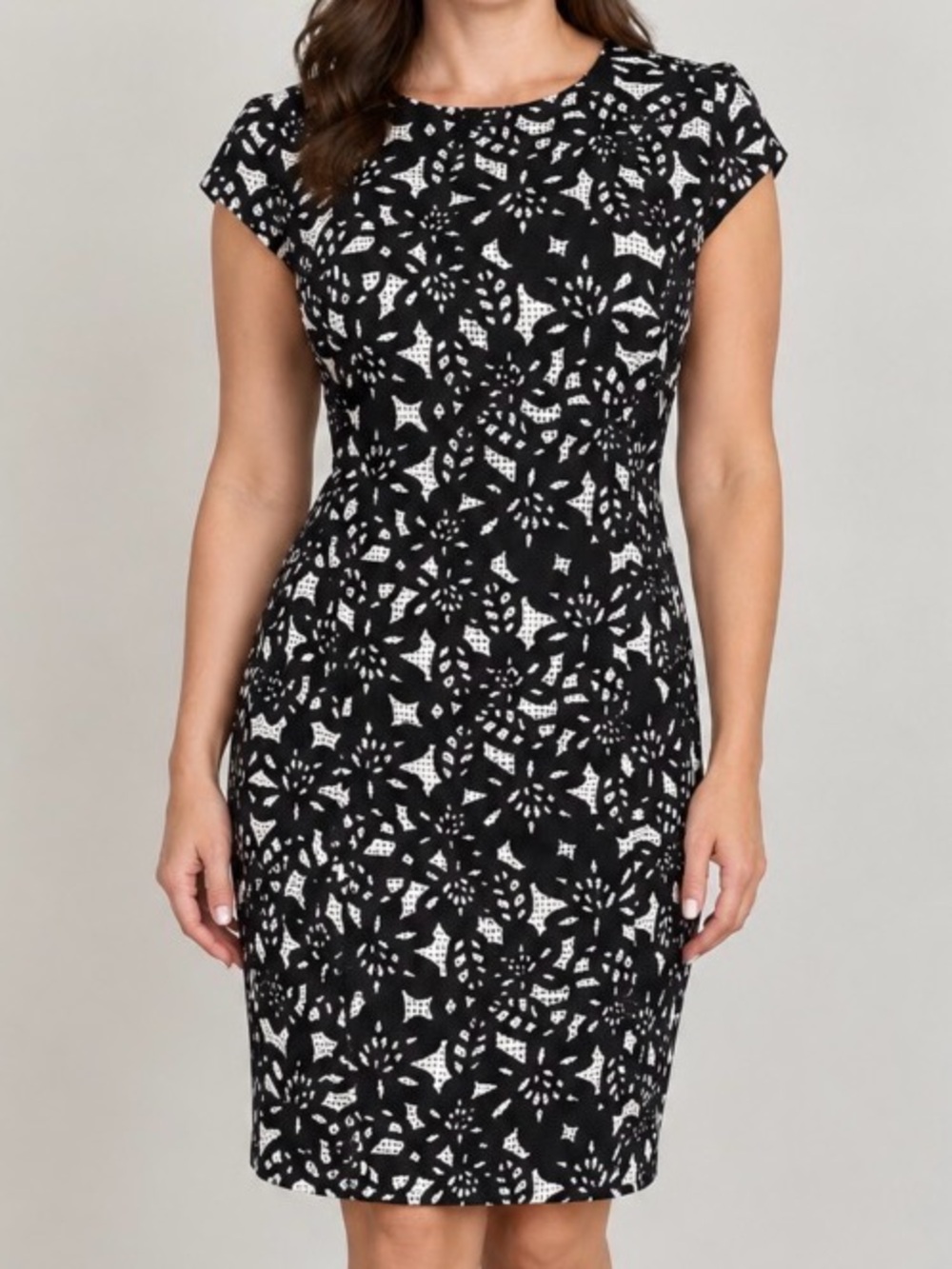WORTH Autumn Wedding Guest Dress Cap Sleeve Black White Laser Cut Midi